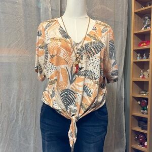 Leafy Print Tie-Front Top in Orange and Cream